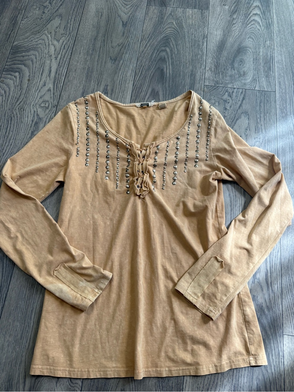 Gimmicks by BKE Tan Long Sleeve Lace-Up Studded Top Size L